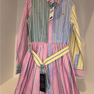 NWT Polo by Ralph Lauren Pink and Yellow Buttoned Tie Front Dress